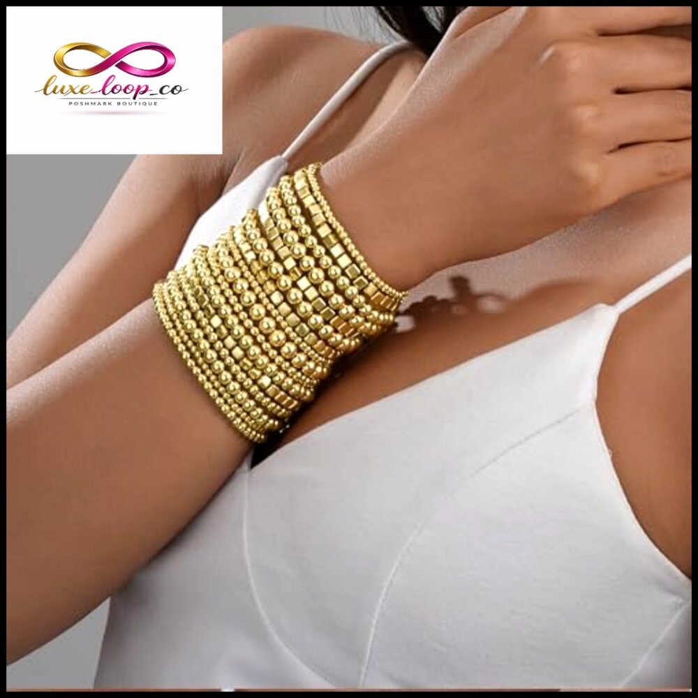 Gold Plated Stretch Bracelet Set Stackable Adjust… - image 5